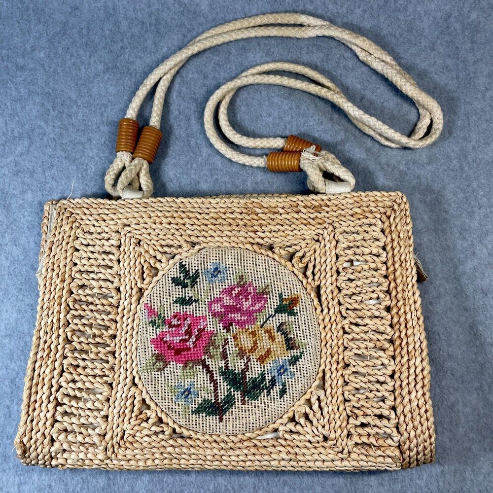 VTG Artisan Needlepoint Purse Handbag‎ Shoulder Bag Hemp Jute 1950s Rope Heiress